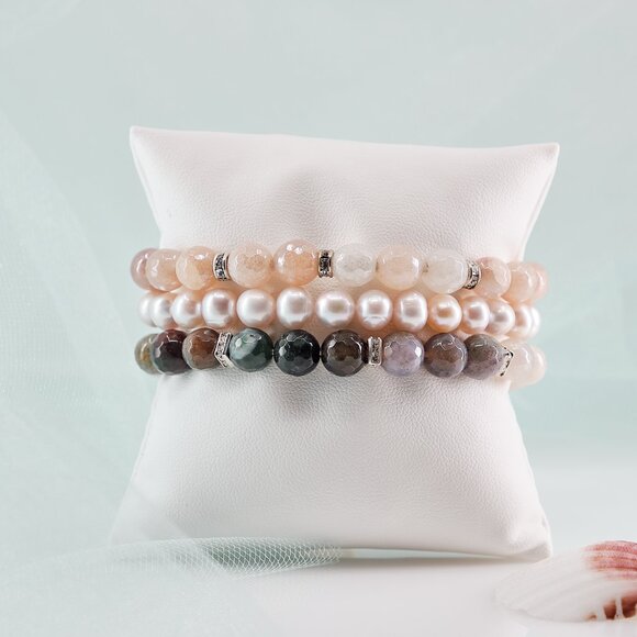 Aventurine Fancy Jasper & Pearl Bracelet, Dainty Stretch Bracelet Set of 3 - Picture 4 of 11